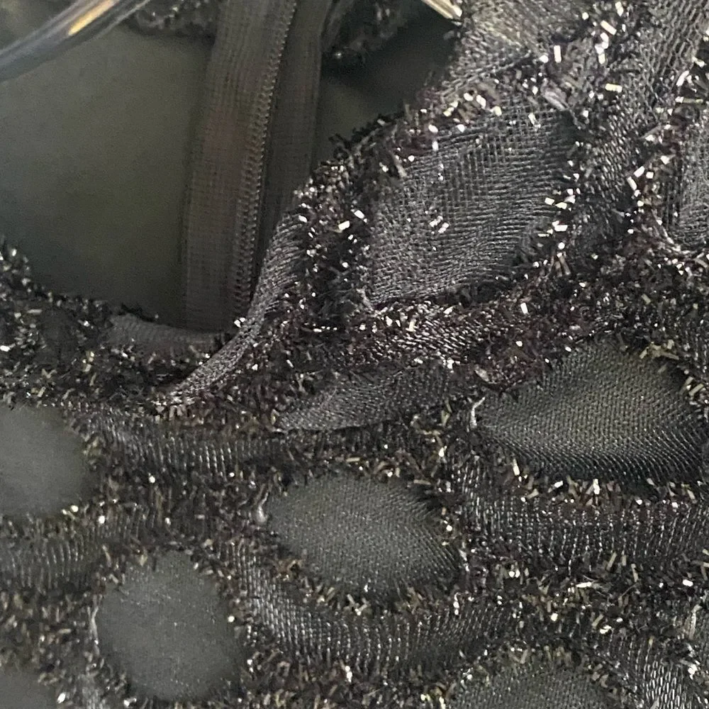 New CBR Black Fitted Festive Party Dress. Sparkly Flocked Fabric Over Lace. M